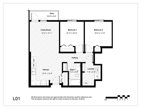 Floor plan for 2 beds, 1 bath, 867 sqft